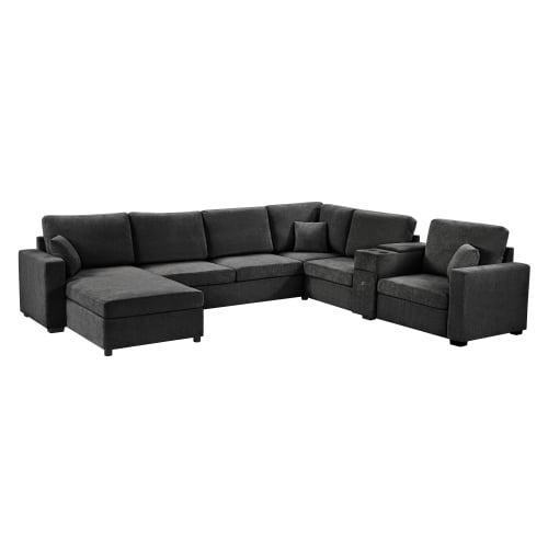 134" U-Shape Modular Sectional Sofa, 5-Seat Couch with Chaise Lounge, Deep Seat, Built-In Cup Holders, Storage Drawer and Pillows, Black