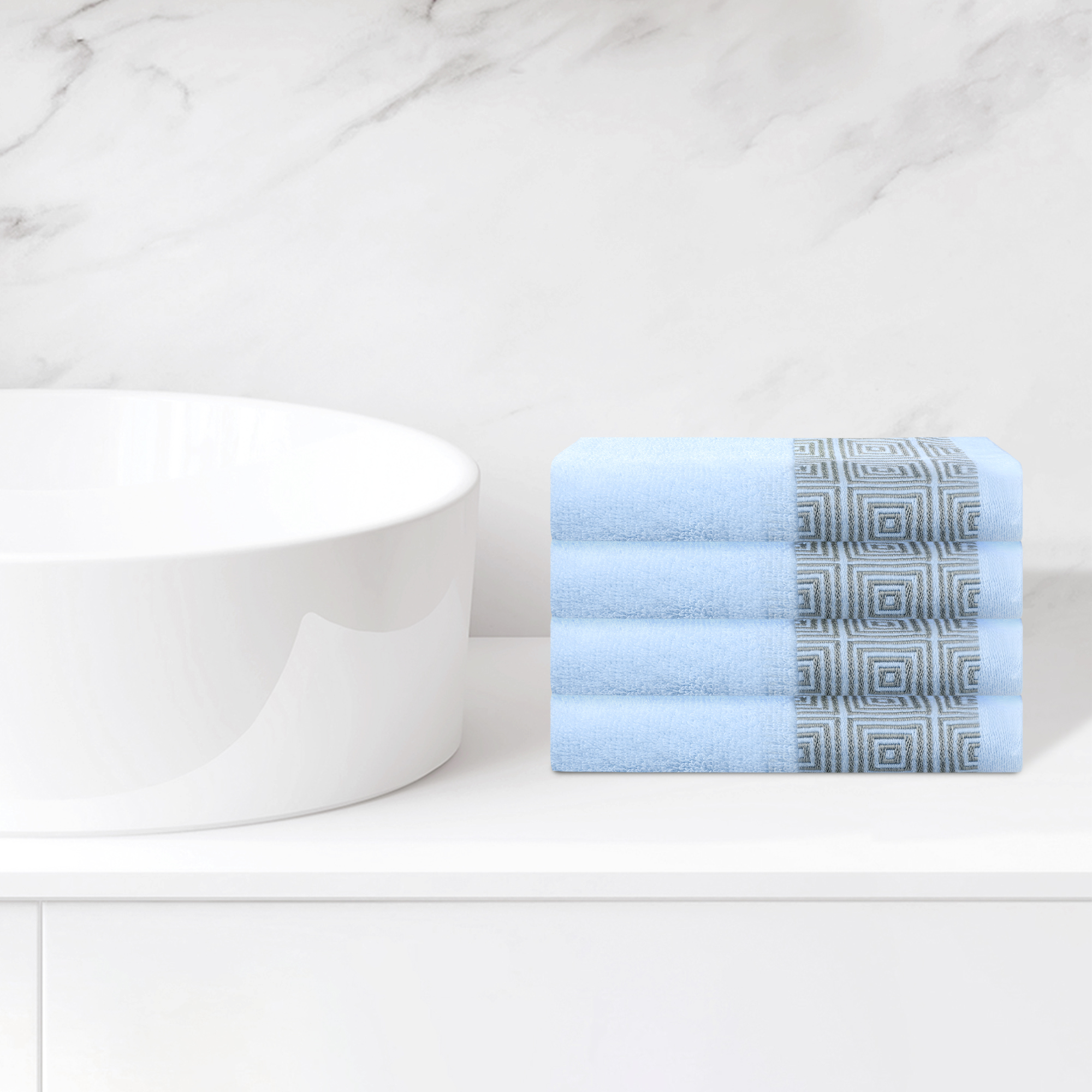 Unique Bargains Geometric Washcloths Set Cotton Bath Towels Low Lint Blue 4