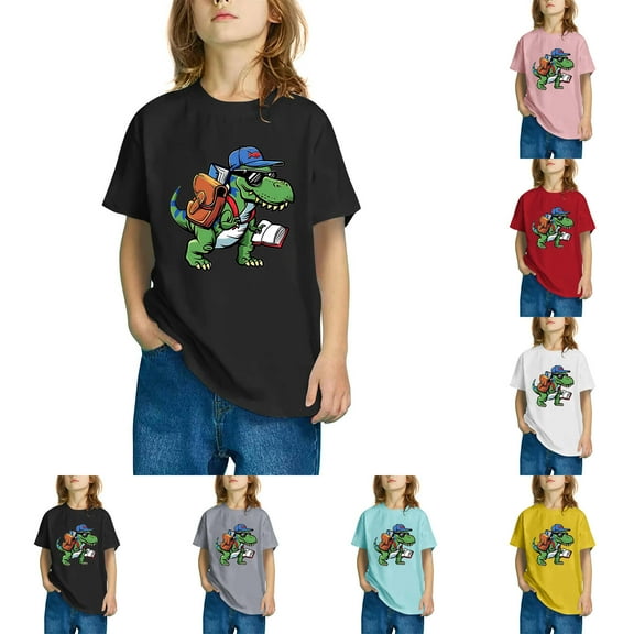 Zwiiyzr 3-10Y Dinosaur Toddler Kids Boys Girls Short Sleeve T-Shirts Crew Neck Top Tee Cotton Print Fashion Cute Top Gray