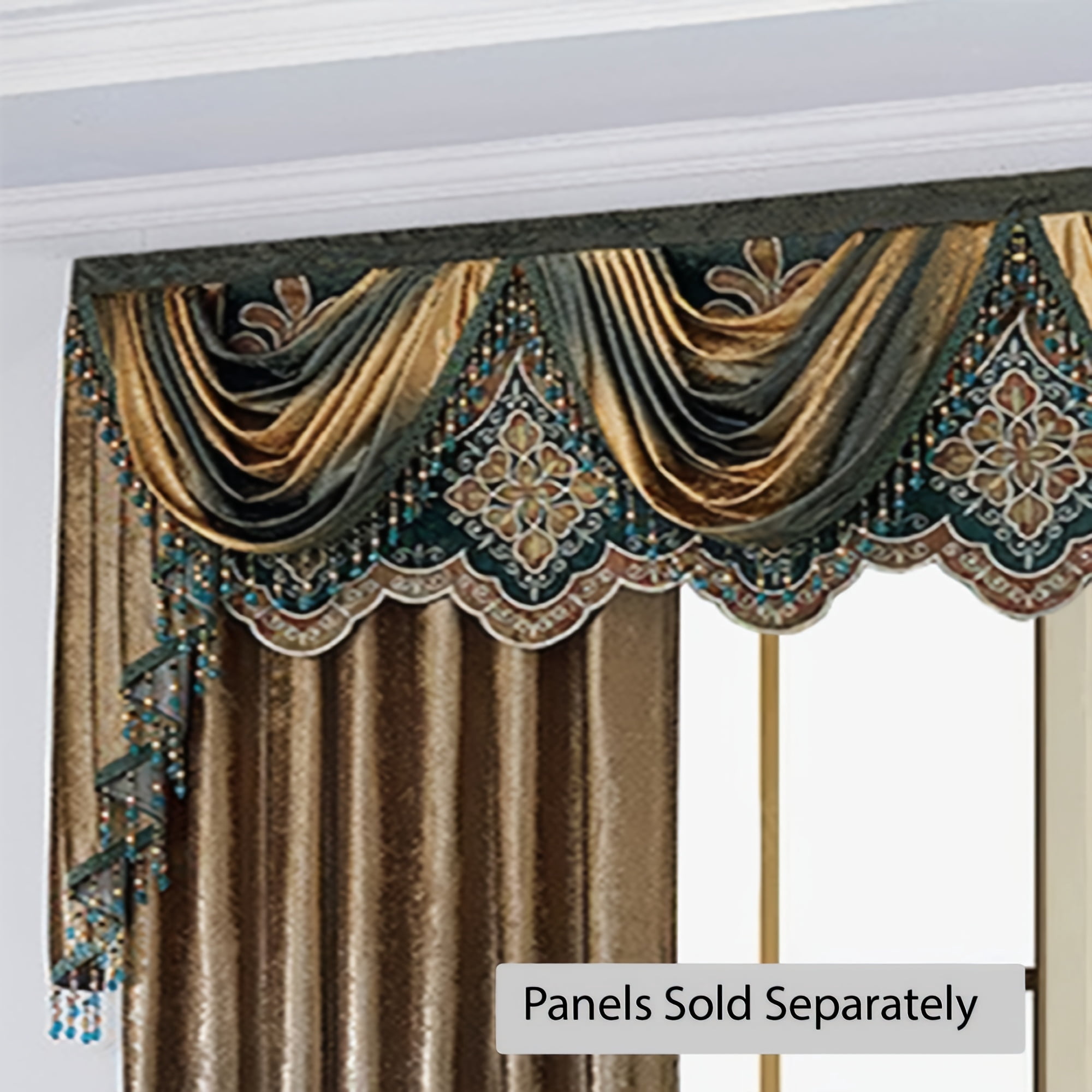 Luxury 3D Swag Valance with Beaded Tassels, Iridescent Jacquard Multi-Tone Coffee & Teal Window Topper, Velcro & Rod Pocket (1 pc)