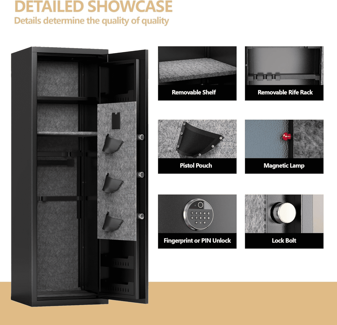 16-17 Gun Safe, 57'' Fireproof Safe, 0.1s Fingerprint Unlock Gun Safe for Rifles and Pistols, Quick Access Rifle Safe with Removable Gun Racks and Pistol Pockets, Black