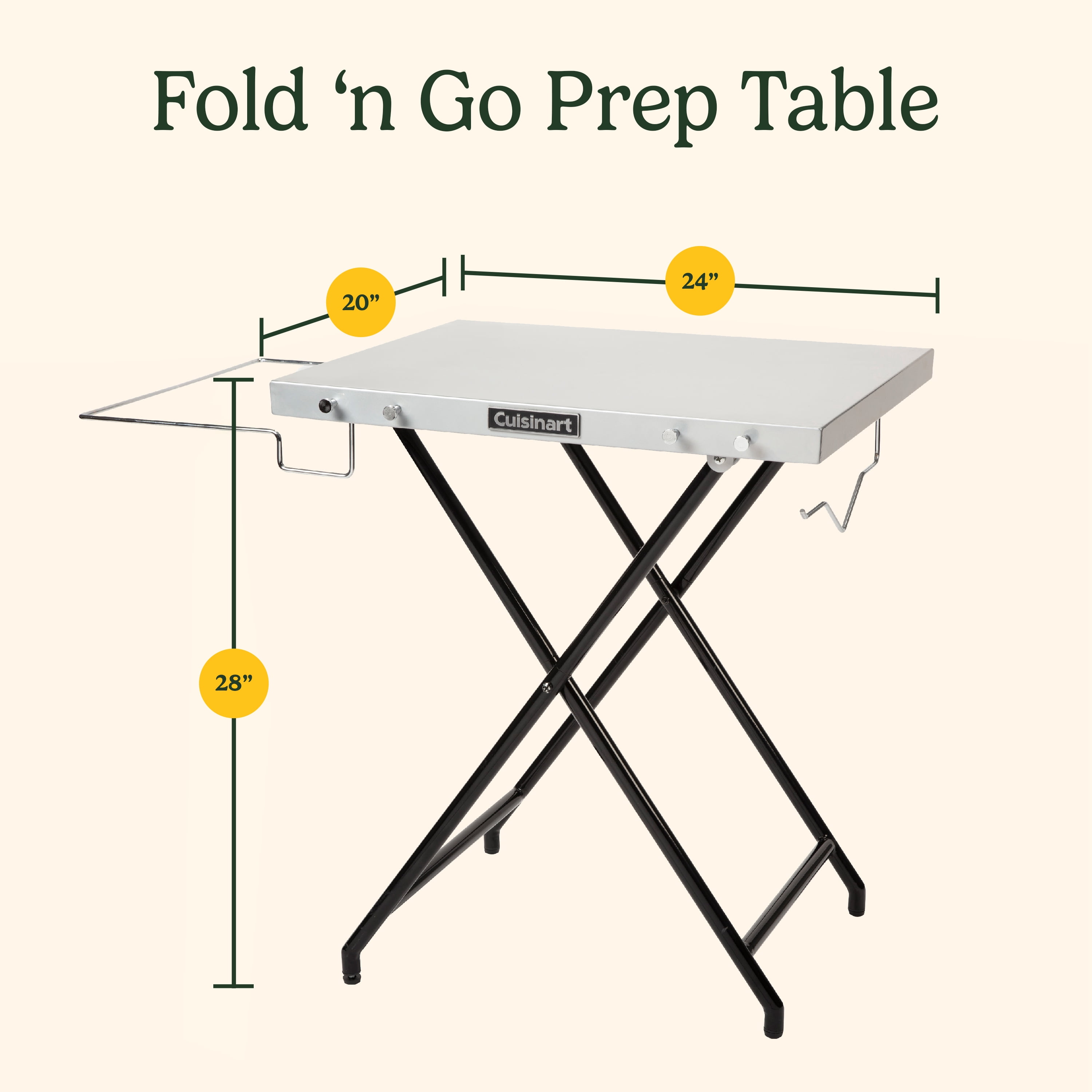 Cuisinart Fold n Go Prep Table, Portable Folding Table and Grill Stand with Tool hooks, Trash Bag Holder, Paper Towel Rack, 24 x 20 Steel Food Prep Station Perfect for BBQs, Tailgates and Camping