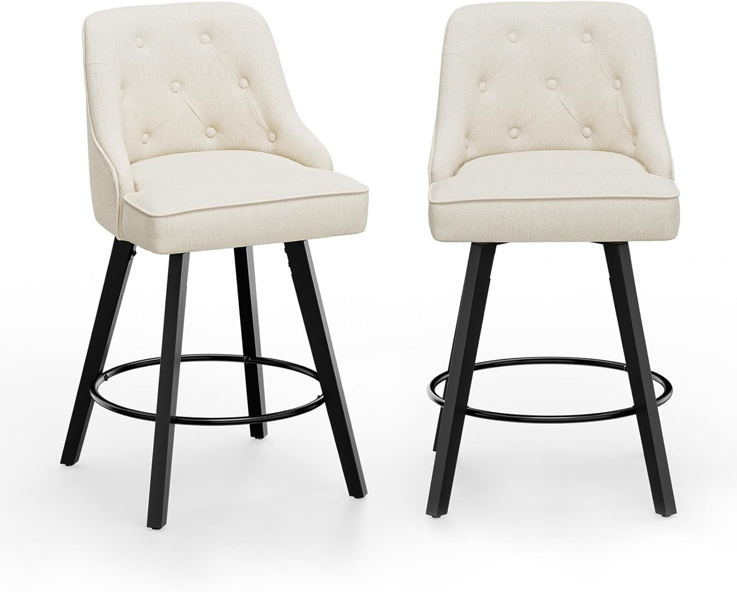 VINGLI 26" H Swivel Barstools Set of 2, Linen Fabric Upholstered Counter Stool with Back, Kitchen High Chairs Counter Height Bar Stools with Cushion, Solid Wood Legs, Beige
