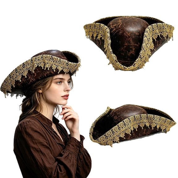 WHEANG Halloween Hats for Women Men Brown Faux Leather Pirate Hat with Gold Lace Trim Tricorn Hat Halloween Costume Accessory for Party Masquerade Dress Up Prop M Brown