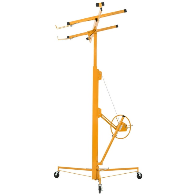 KFFKFF 16ft Drywall Lift, Heavy-Duty 150 lbs Sheetrock Hoist with Adjustable Telescoping Arm, Lockable Wheels, Drywall Lifter Panel Jack Hoist Tools, Yellow