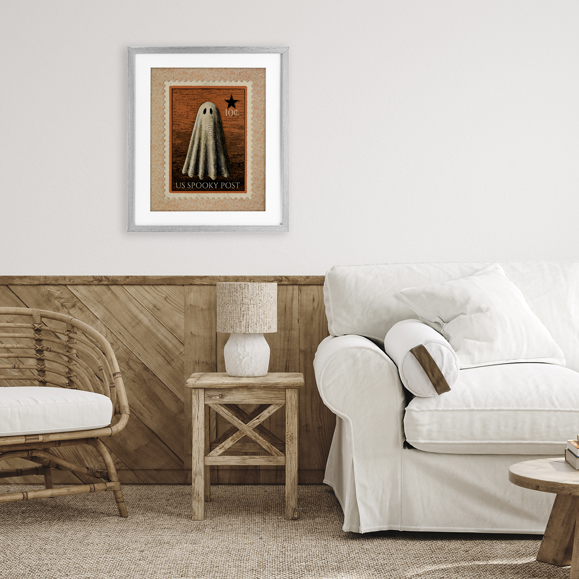 Vintage Ghost Stamp Gray Framed Print Under Glass, design by Arlington Prints
