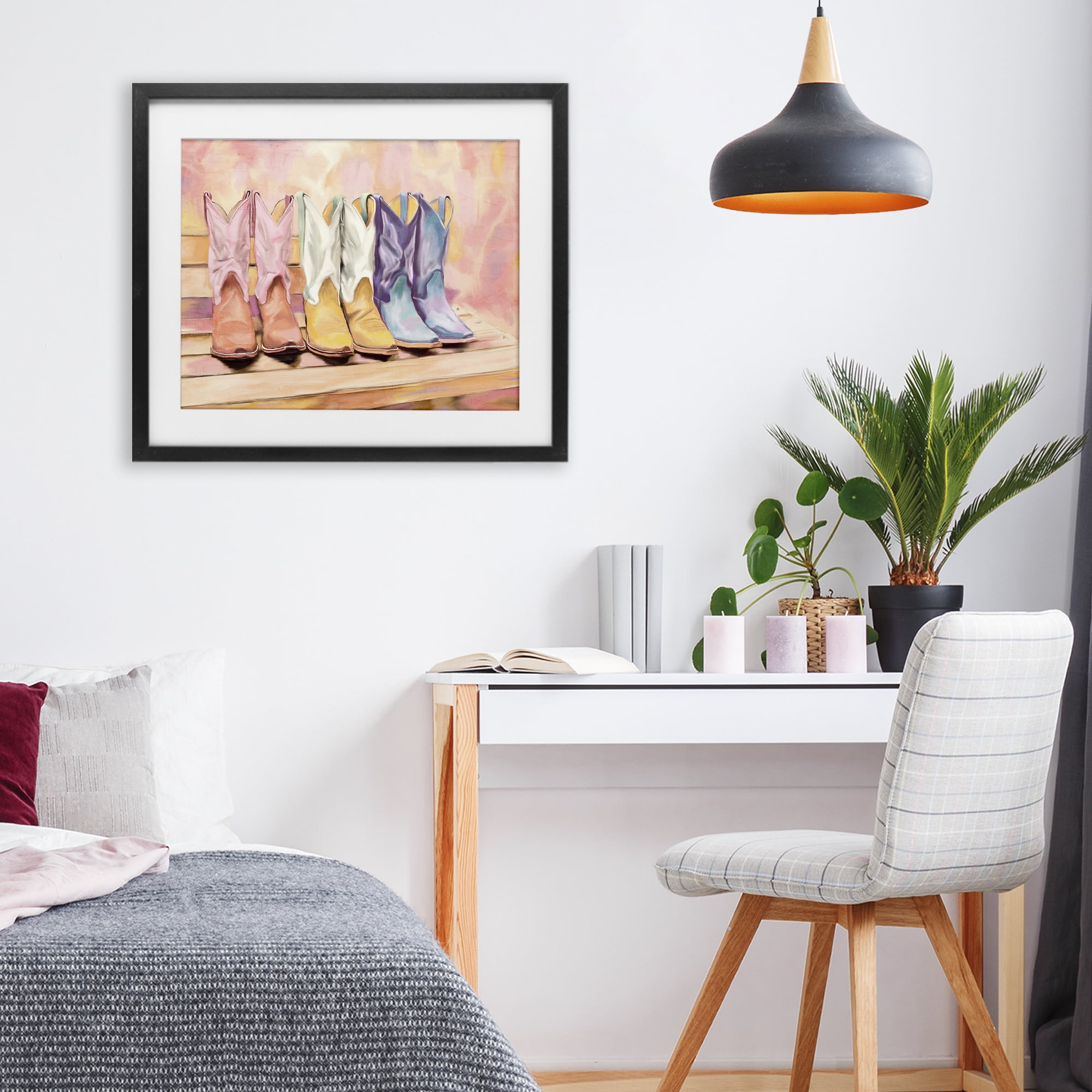 Painted Boots Trio Black Framed Print Under Glass, design by Kim Allen