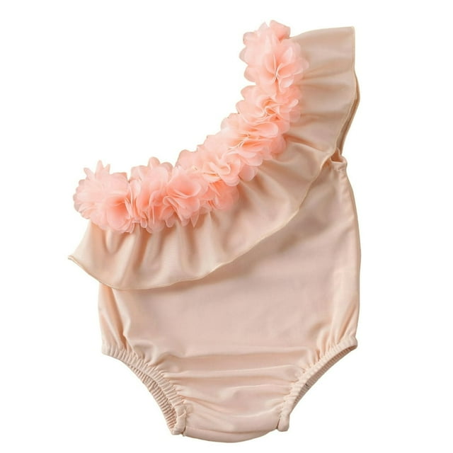 Toddler Baby Girl One-Piece Swimsuit Swimwear Ruffled Lace Floral One-Shoulder Bathing Suit Beachwear MHX
