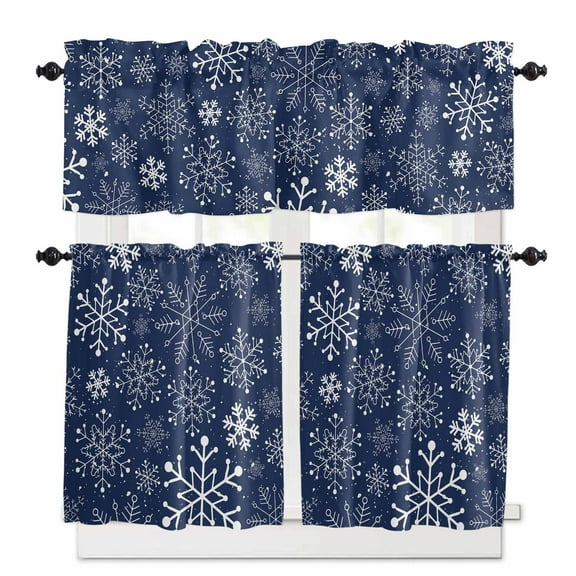 Christmas Kitchen Curtains and Valances Set, Winter Snowflakes Blue Background Rod Pocket Window Valance 18 Inch Window Curtain Panels for Living Room Bedroom Laundry, 27.5x36in, 3 Pieces