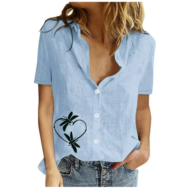Top de manga corta con cuello vuelto y botones regulares con estampado Sexy de verano para mujer OAVQHLG3B Store lin121212