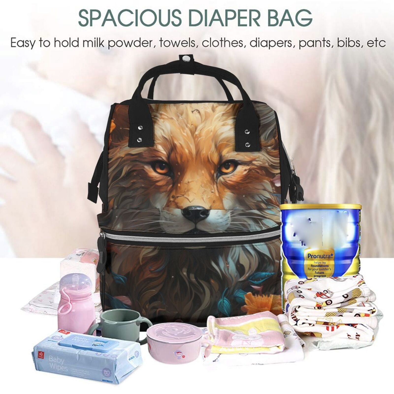 Fuzoiu Floral Fox Print Diaper Bag Backpack,Baby Essentials Travel Tote,Multi function Waterproof Diaper Bag, Travel Essentials Baby Bag - Unisex