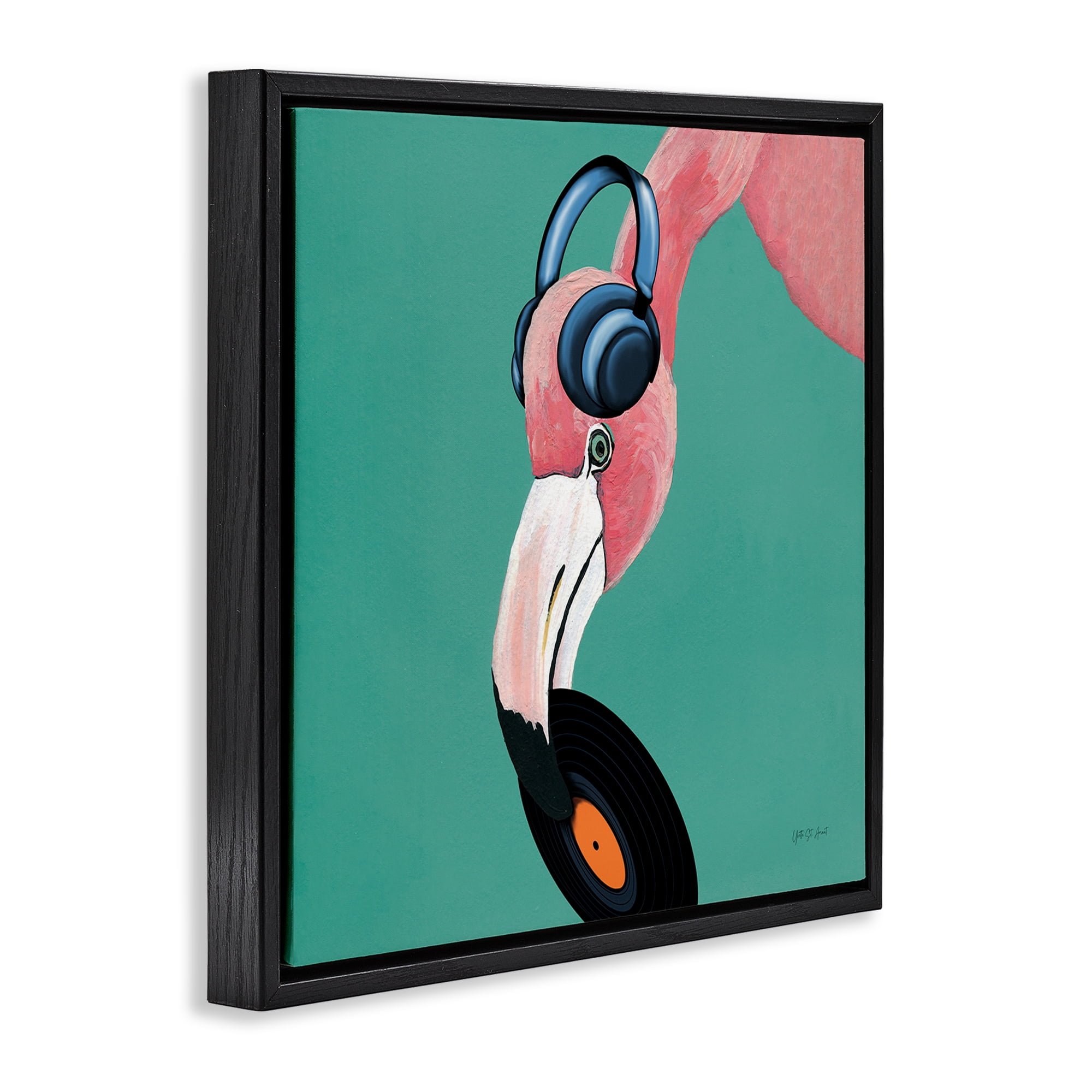 Stupell Industries Flamingo with Music Record Entertainment Painting Black Floater Framed Canvas Art Print Wall Art, 18 x 18