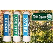 Nasal Inhaler Aromatherapy Gift Set of 3 - Allergy, Focus and Relax - Made with 100% Pure Therapeutic Grade Organic Essential Oils 0.7 mL each by Sponix Made in USA / Fast Shipping