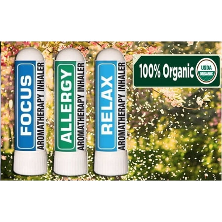 Nasal Inhaler Aromatherapy Gift Set of 3 - Allergy, Focus and Relax - Made with 100% Pure Therapeutic Grade Organic Essential Oils 0.7 mL each by Sponix Made in USA / Fast Shipping