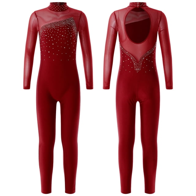 TiaoBug Girls Ice Skating Jumpsuit Rhinestone Mock Neck Competition Figure Skating Dancewear Burgundy 14