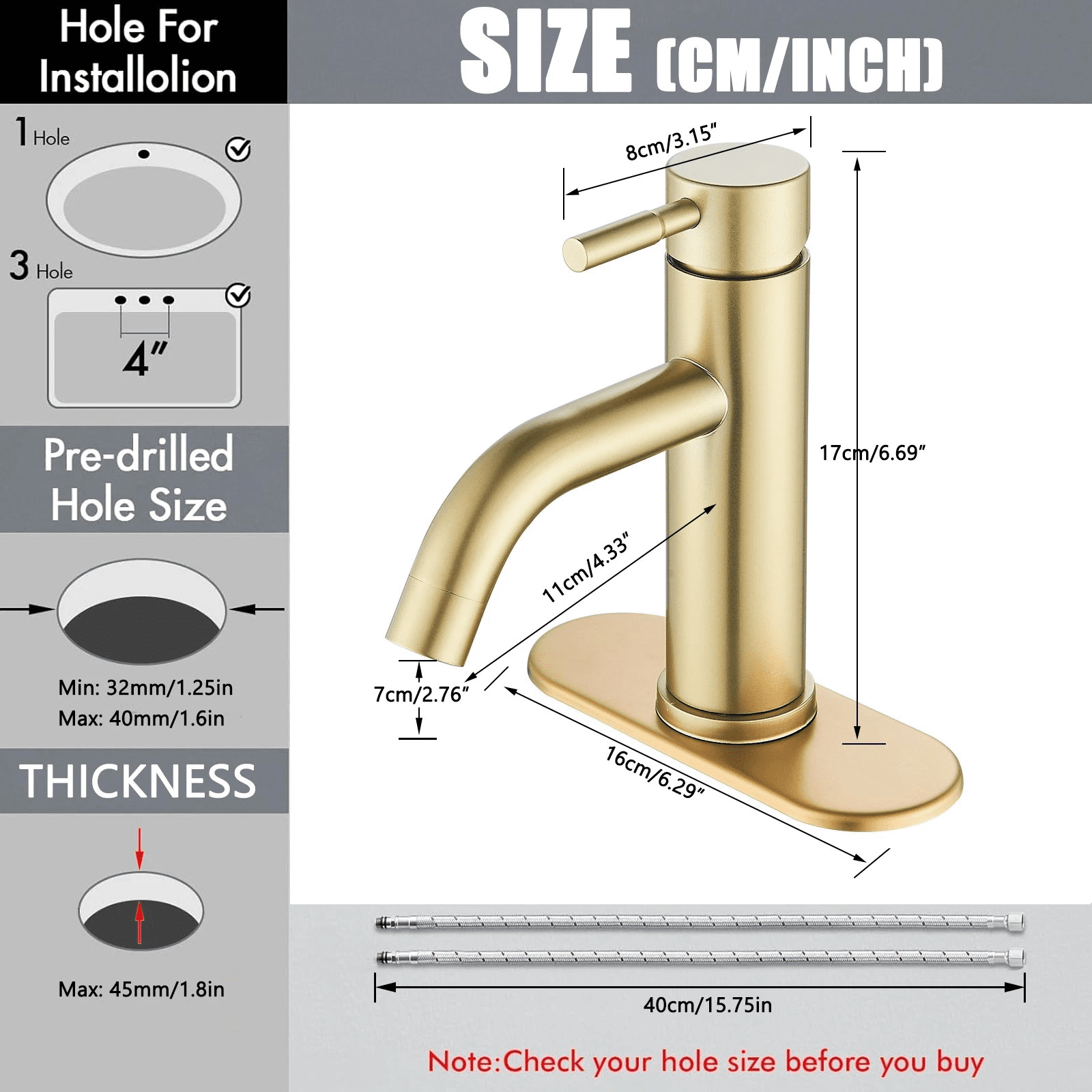Zovajonia Brushed Gold Bathroom Faucet Single Handle 1 or 3 Holes Basin faucet with Pop Up Sink Drain Assembly and Water Faucet Supply Lines