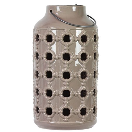 Urban Trends Ceramic Lantern with Metal Handle, and Porthole Design Gloss Gray