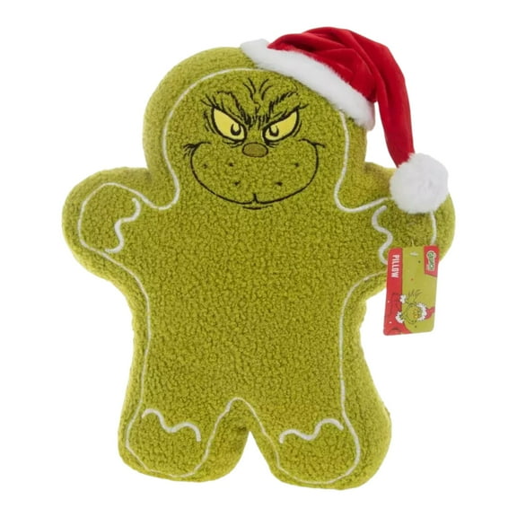 Grinch Gingerbread Plush Pillow, Holiday Decorative Accent, 16" x 12.5"