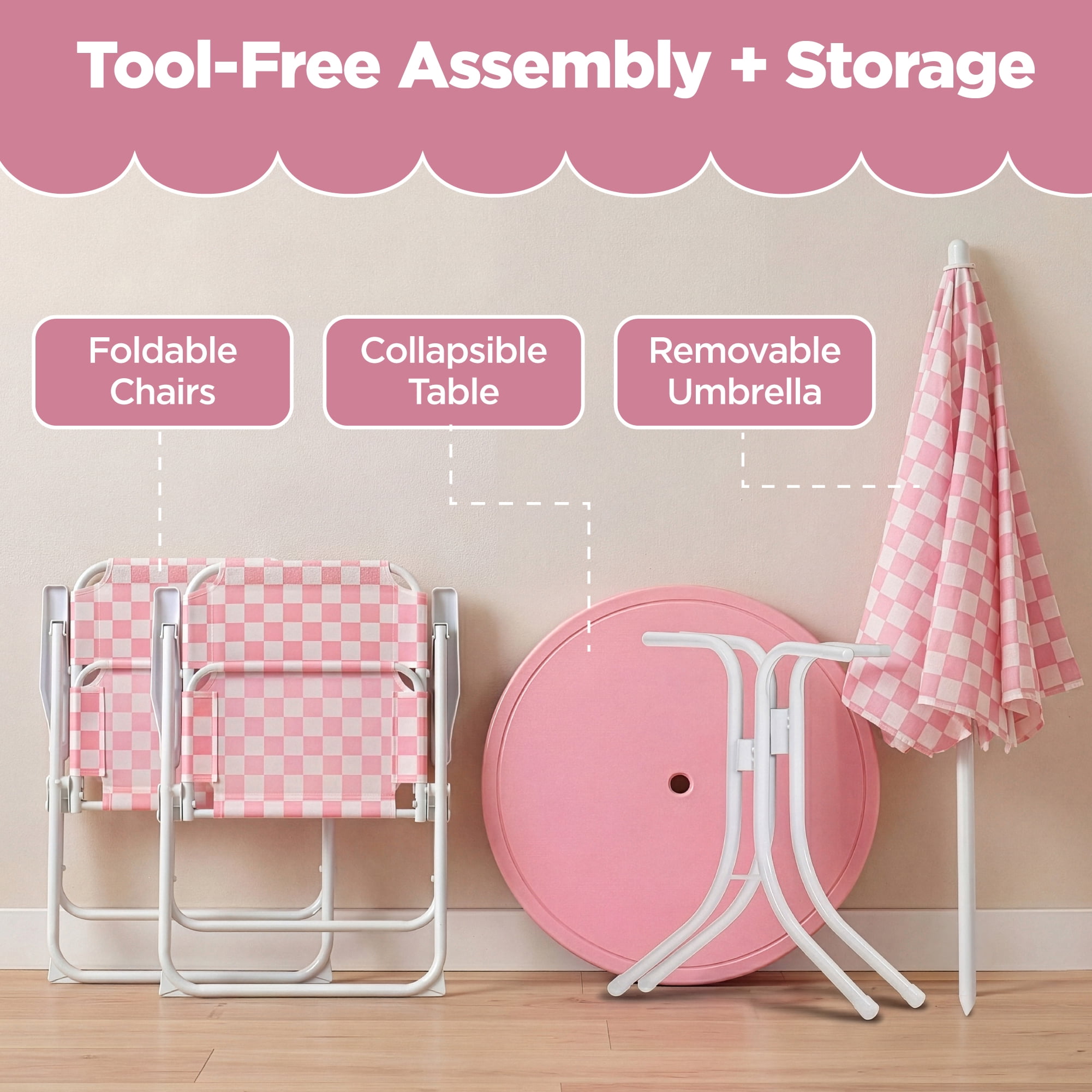 Best Choice Products Kids Outdoor Table and Chair Set with Umbrella, 3-Piece Foldable Toddler Picnic Set Ages 2-5 - Pink