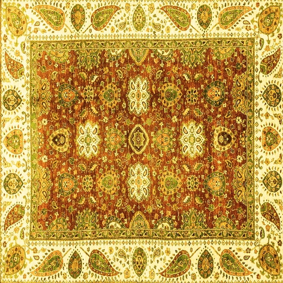 Ahgly Company Machine Washable Indoor Square Oriental Yellow Traditional Area Rugs, 4' Square
