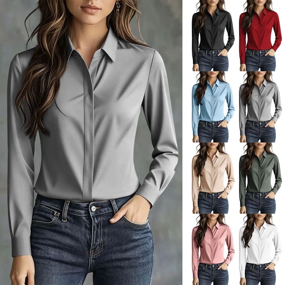 Noric Women's Long Sleeve Button Down Shirt Classic Lapel Collar Solid Color Tops Business Office Workwear