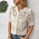 thumbnail image 4 of Karight Lace Blouses for Women Sheer Lace Short Sleeve Top Crew Neck Button Down Shirts Casual Puff Sleeve Dressy Shirt, 4 of 9