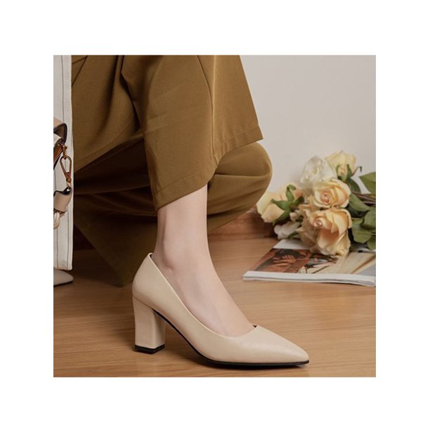 Woobling Ladies Dress Shoes Chunky Block High Heels Slip On Pumps Breathable Pump Formal Fashion Shoe Beige 4.5