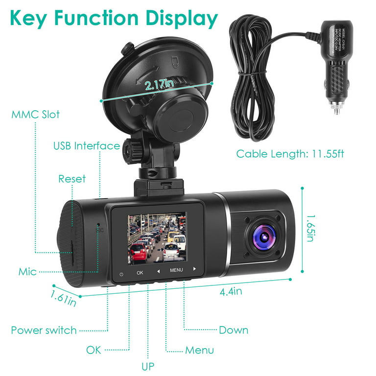 ABS Auto 3 Lenses Dash Cam 2-inch Screen Battery Powered