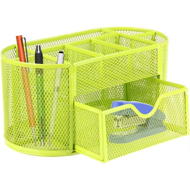 Organizador De Escritorio De Malla Metálica, Portalápices Con Cajón, Portalápices Multifunción Organizador Caddy Holder Con 8 Compartimentos Y 1 Cajón Para Oficina Hogar,11 Feliz Sencillez