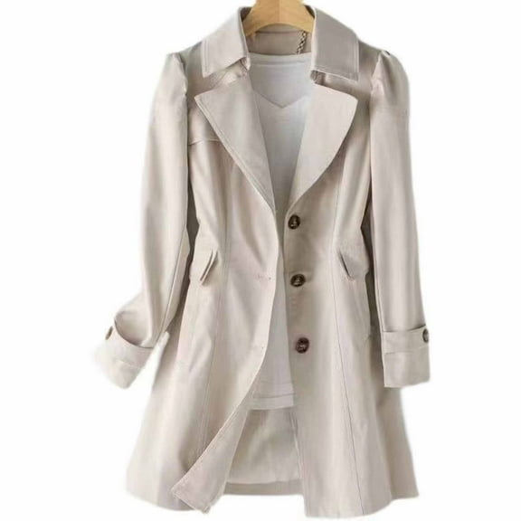 Dolkfu Notch Lapel Jacket for Women Single Breasted Beige Trench Coat Waterproof Mid Length Windbreaker Women's Coat L