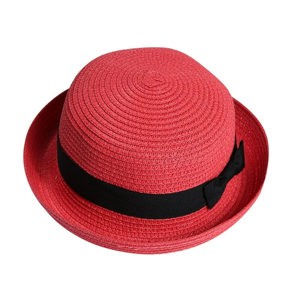 Girl Red Soft Straw Round Top Fedora Hat Ribbon Bowler 2" Floppy Roll Brim Casual Dome with Chin