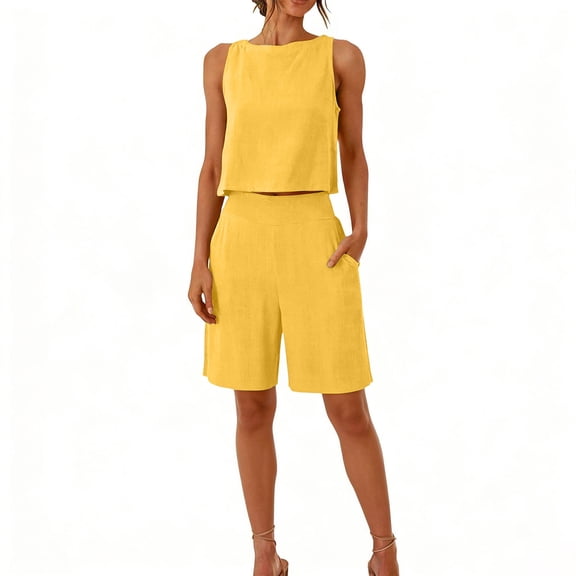Women's Solid Color Sleeveless Crop Top Bermuda Shorts Set,Pockets High Waist Linen-Look Outfit,Loose Fit Breathable Casual Two-Piece Set for Summer Daily Wear Yellow S