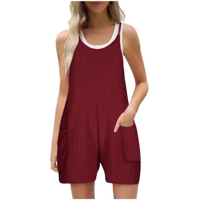 Lenpel Combinaisons Courtes Sans Manches à Bretelles Spaghetti Brodées d'Œillets pour Femmes Tendance Été Décontractées Amples