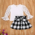 thumbnail image 3 of Franhais 2 Pcs Girl's Fashionable Casual Suit, Round Neck Long Mesh Flared Sleeve Polka Dot Pullover, Plaid Buttoned Skirt, Daily Life, 3 of 8