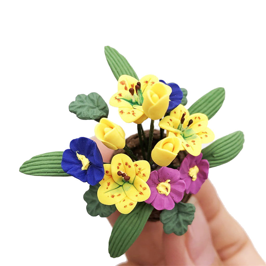 Miniature Yellow Mum and Pansy Arrangement in Green Pot DOLLHOUSE 1:12 Flowers 