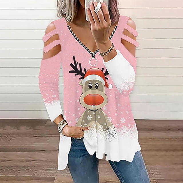 Puntoco Blusa de manga corta con cuello en V a la moda para mujer con cremallera y estampado navideño Puntoco Puntoco-5722