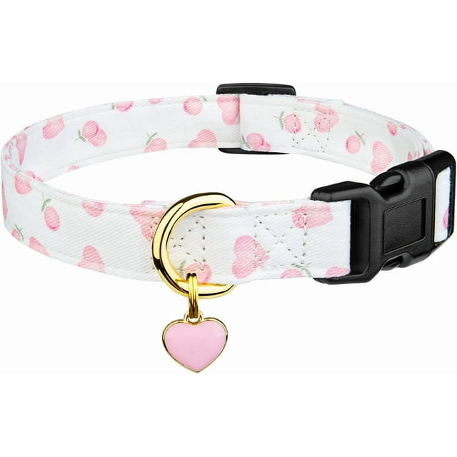 Handmade Cotton Dog Collar - Cute Unique Pattern with Pendant, White & Pink Heart Design - Suitable for Girl & Boy Dogs, Small Size (L)