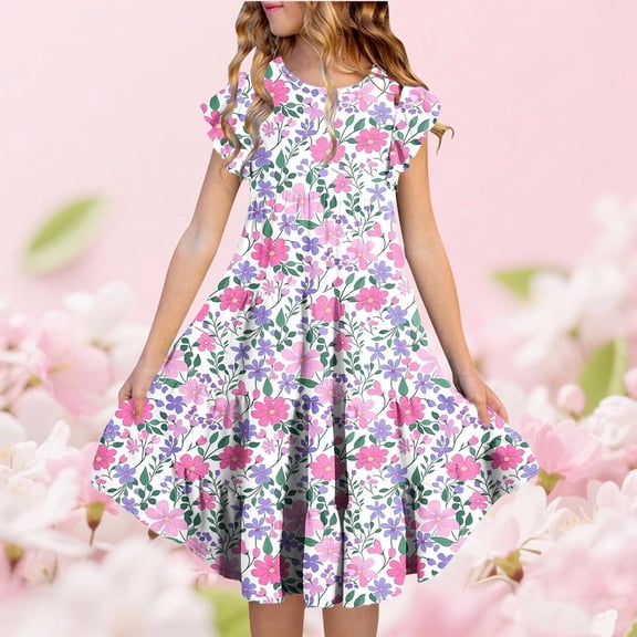 Trendfront Toddler Girls Sundress Mid-Length Sleeveless Crewneck Wildflower Floral Print Tiered Ruffle Sleeve A-Line Dress Holiday Party Wear