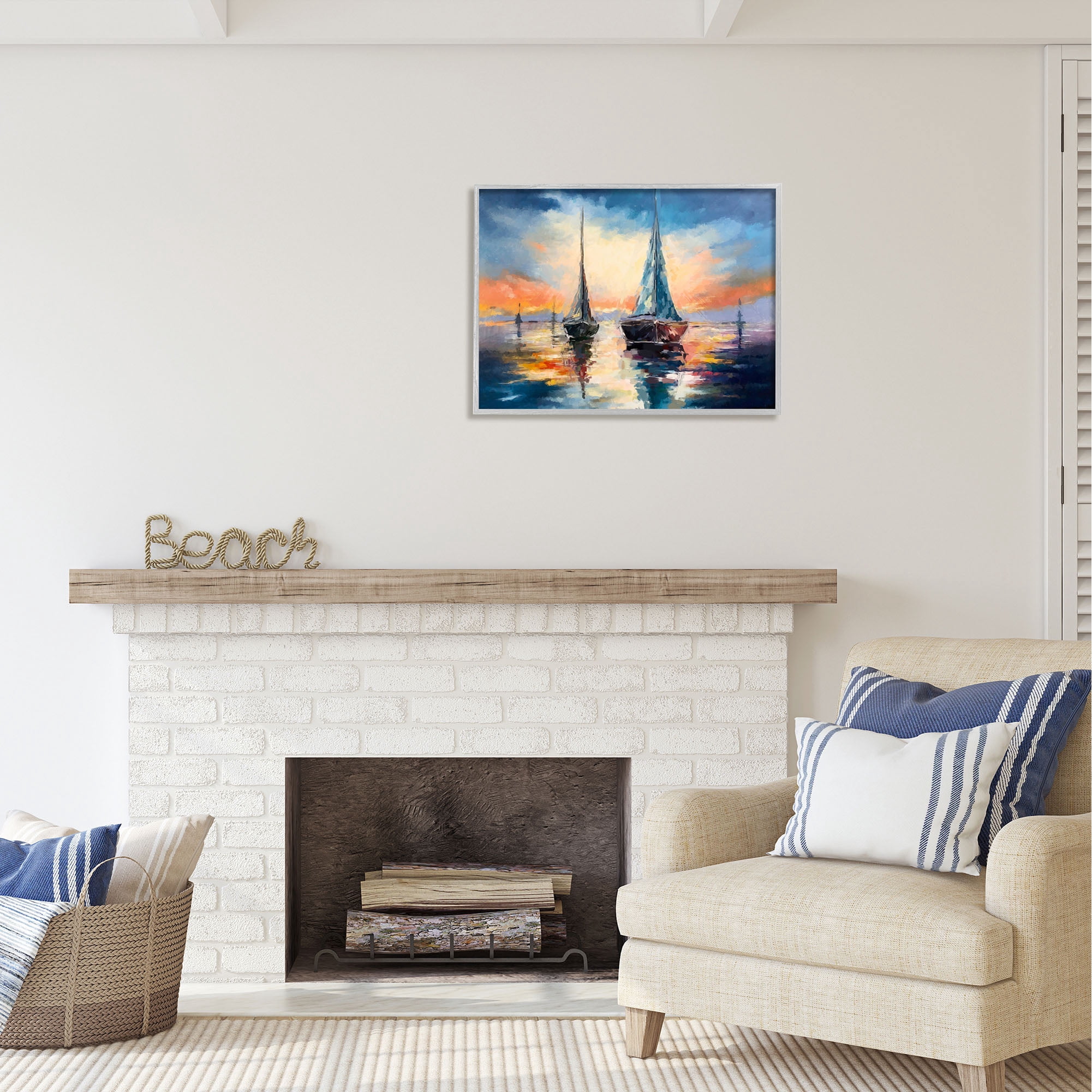 Stupell Industries Sailboats and Ocean Sunset Transportation Painting Gray Framed Art Print Wall Art, 30 x 24