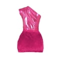 thumbnail image 4 of Baberdicy 2Pcs Women 2 Piece Outfits Clubwear One Shoulder Metallic Bodysuit Top Night Party Club Mini Skirt Set Bodycon Dresses for Women, Fringe Mini Dress Hot Pink Mardi Gras, 4 of 5