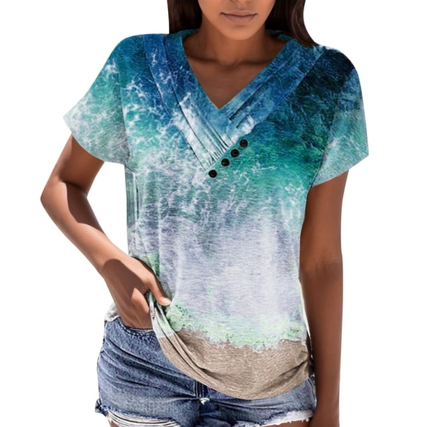 Gibobby Blusa Casual de Mujer Camiseta ajustada con botones decorativos manga corta con estampado moda informal para mujer(Azul,M)