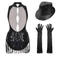 thumbnail image 2 of TiaoBug Women Sequins Tassel Latin Dance Dress Leotard Ballroom Dance Tops with Gloves Hat Dance Outfit C Black S, 2 of 7