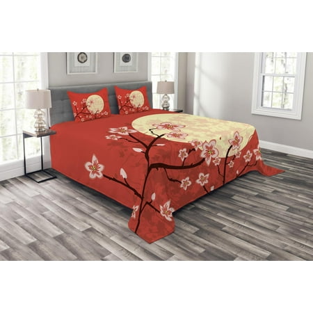 Moon Bedspread Set Sakura Branches With Flowers Eastern Culture
