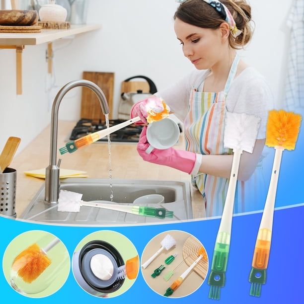Cepillo Para Tazas Cepillo multifunción de mango largo para lavar vasos,5 en 1,desmontable,para limpiar botellas,pajitas y recipientes (color naranja,1 unidad). Rkxzt