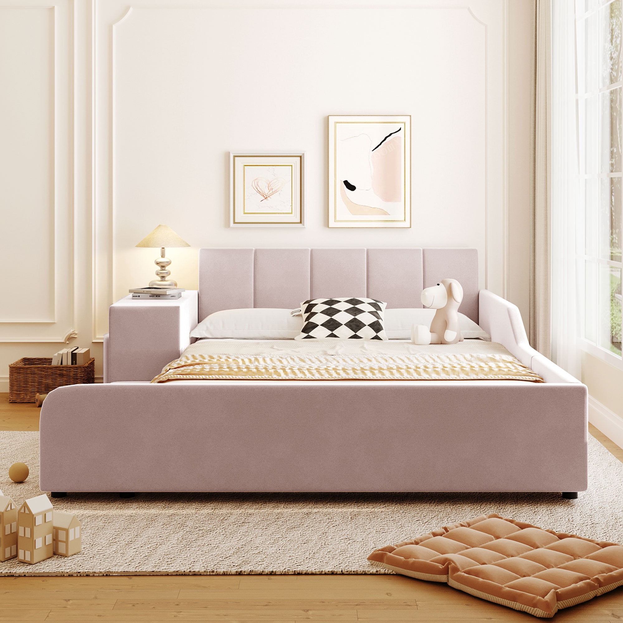 Aukfa Full Size Mother & Child Bed Frame, Velvet Upholstered Platform Bed with Bedside Desk & Stool, Grounded Design, Pink