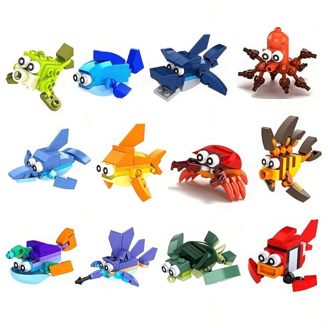 12pcs Ocean Animal World Series Assembled Building Blocks Dolphin Tuna Octopus Crab Clown Fish Model Gift Educational Toys