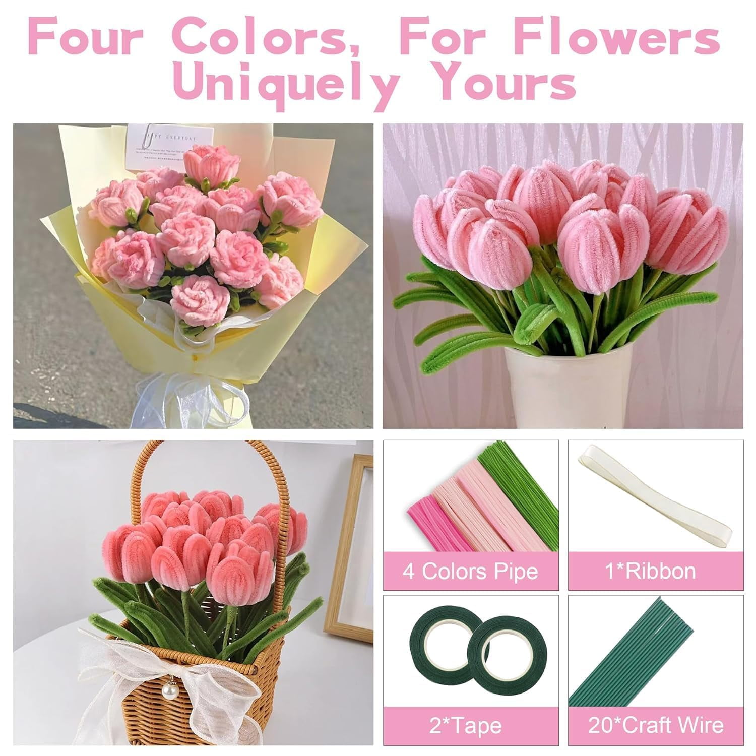 400 Pcs Pipe Cleaners Craft Set, 4 Colors Chenille Stems Bulk, DIY Flower Making Kit with Floral Wires, Floral Tape, Stamen & Ribbon for Arts, Crafts & Floral Arrangements
