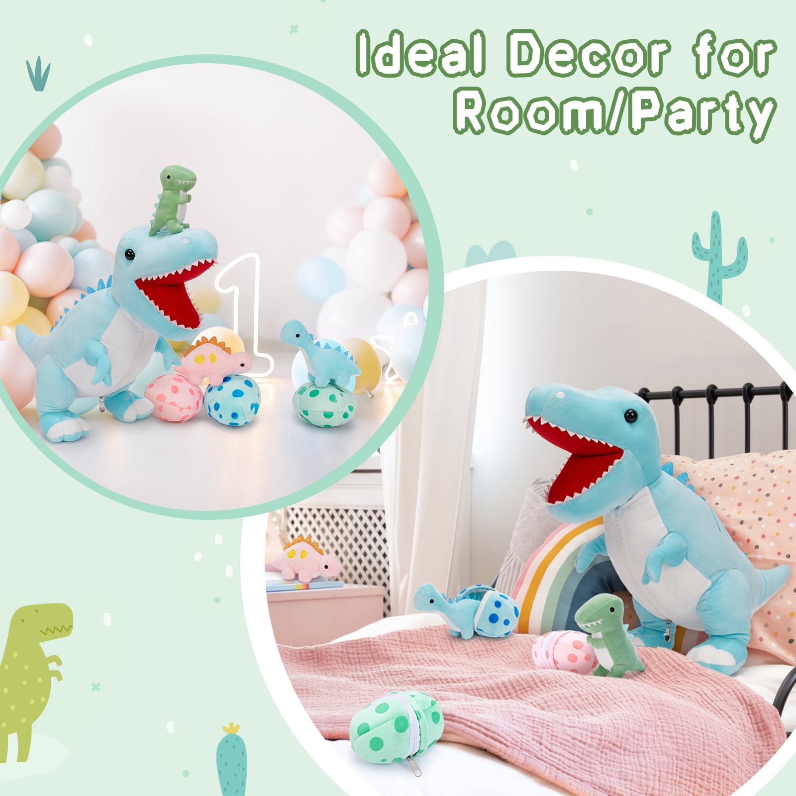 MorisMos 23.6" Blue Dinosaur Stuffed Animal Mommy Dinosaur with 3 Baby Plush Toys