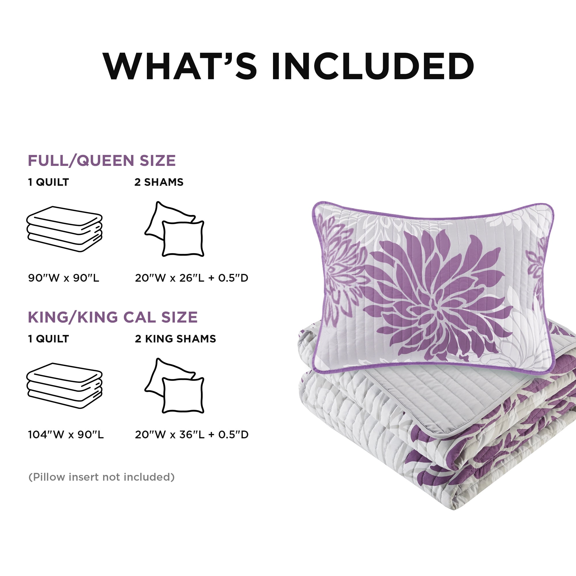 Comfort Spaces Full/Queen Size Quilt Set, 3-Piece Floral Bedspread Bedding Set, Purple and Gray Coverlet Set for All Season, Lightweight Comforter Set