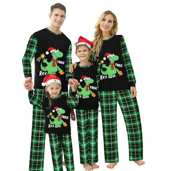 Christmas Family Pajamas Matching Set, Long Sleeve Cartoon Dinosaur Print T-shirt Plaid Pants Sleepwear Loungewear